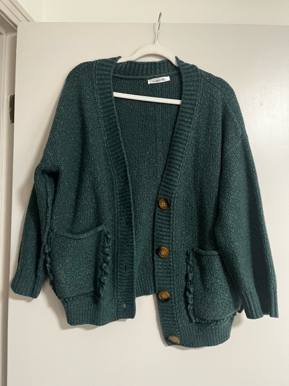 Button-Front Dark Green Women's Chunky Knit Cardigan